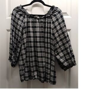 Knox Rose Size Large Black White Check On or Off Shoulder 3/4 Sleeve Peasant Top